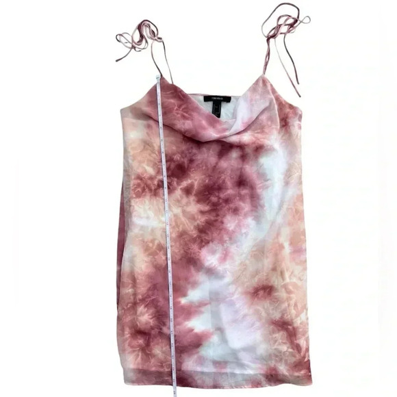 FOREVER 21 Mauve Pink Tie-Dye Cowl Neck 90s Mini Dress Smal Tie Spaghetti Straps - Picture 7 of 9
